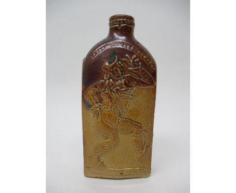 An early/mid 19th century two tone brown salt glazed reform flask, moulded in relief with a man dancing to two sides and stam