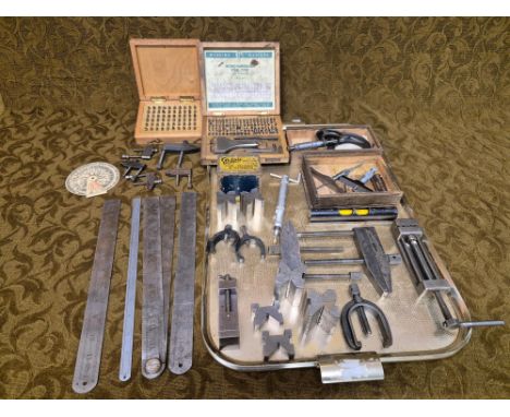 Tray lot of engineering tools to include Eclipse, Brown & Sharpe, V blocks clamp, marking stamps, gauges, rules, etc.