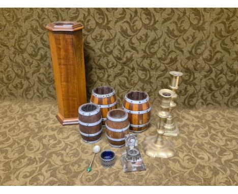 Mixed bygones to include coopered taper holders, brass candlesticks, pyramid inkwell, etc.