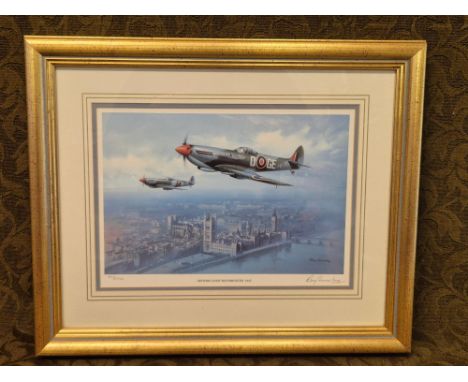 Roy Huxley print 293/4950 "Spitfire over Westminster 1945" signed by the artist.  45cm x 37cm in frame.