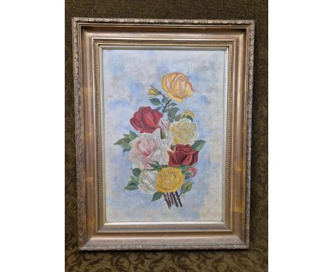 Gilt framed oil on canvas Roses by K. Allen 1903, 48cm x 63cm in frame.