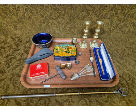 Mixed bygones and collectables to include 4 Georgian silver teaspoons, corkscrew, ladies wristwatches, extending toasting for