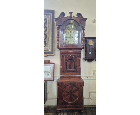 Huge Yorkshire mahogany longcase clock with 8 day movement, standing 8'1" tall.  Handpainted Roman numeral dial with date dia