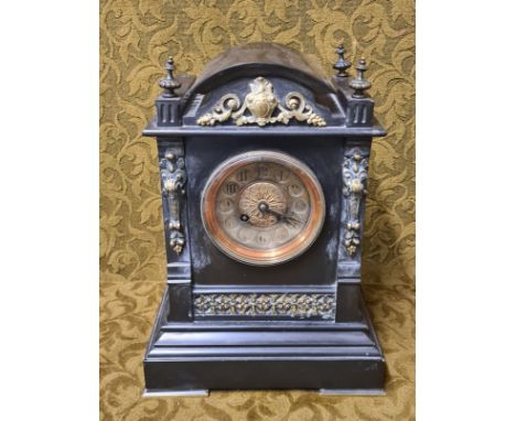 Victorian black slate mantle clock with brass mount, Arabic numeral dial, S. Marti bronze medal French movement, working move
