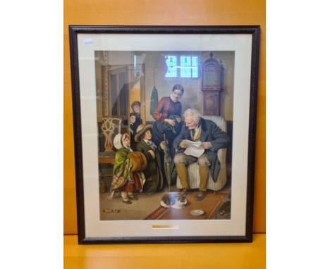 Victorian framed coloured print "Unexpected Visitors" by Robinsons of Bristol, 60cm x 72cm including frame.