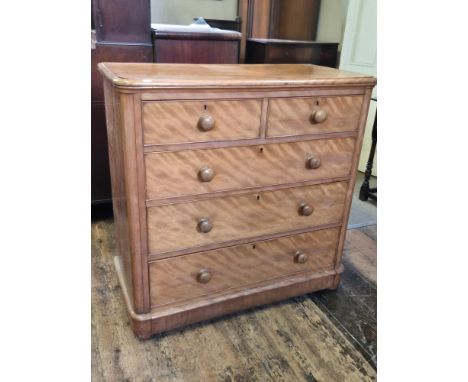 Victorian satin birch 5 drawer chest with rounded corners, cockbeaded drawers and turned knobs on button feet.  104cm wide x 