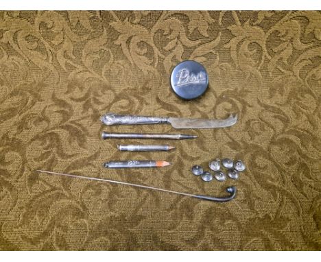 Lincoln Imp pencil holder, Mother of Pearl buttons and cufflink ends, silver label pin box and a hockey stick hat pin.