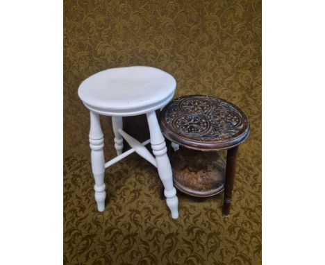 Painted button top stool and an oak carved top occasional table.