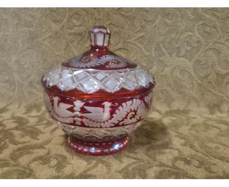 Cut and etched Ruby glass, covered bon bon dish with engraved birds together with a fruit bowl.