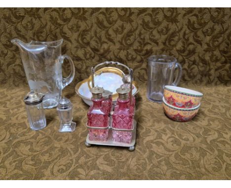 Ruby glass EPNS cruet, etched elephant water jug, silver topped shaker, Czechoslovakian lustre dessert set, etc.