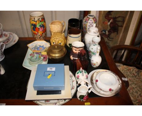 A Crown Ducal Art Deco vase; together with various other vases; a motto ware jug; a Wedgwood hunting scenes pin dish in origi