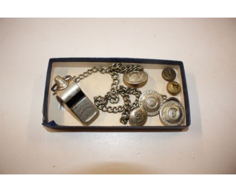 An LNER whistle with attached chain and button; together with a selection of other buttons