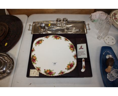 A Royal Albert "Old Country Roses" cake plate and knife in original box; together with a silver plated tray; a fish serving k