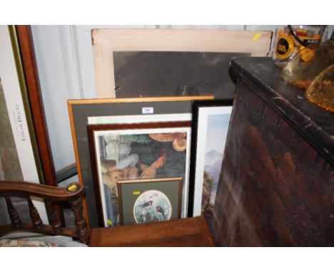 A large black and white portrait print; together with various other pictures and prints 