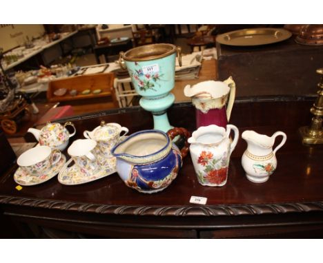 A Leonardo collection floral decorated china teaset; a Victorian lamp base; and four various jugs