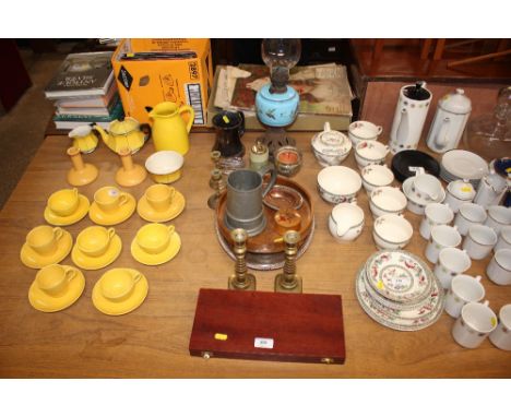 A Victorian oil lamp; silver plated tankard; a table lighter; a boxed set of scissors etc. 