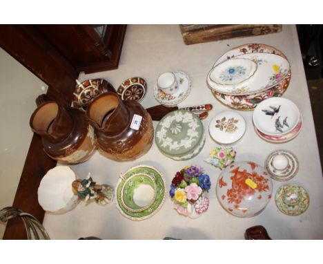 Two Doulton Havestware jugs; together with a Royal Crown Derby tea cup and saucer, a Wedgwood jasperware pot and cover, two f
