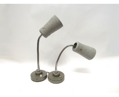 A pair of Industrial metal desk lamps with adjustable single spots in gun metal grey. Collectors Electrical Item, See Informa