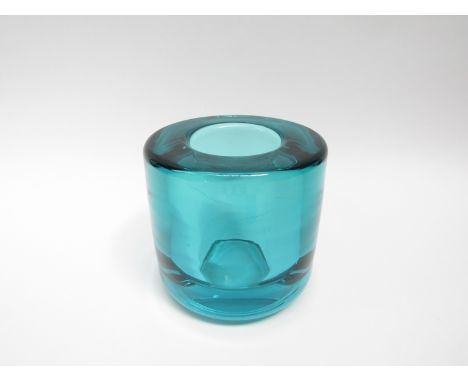 A Holmgaard Glass turquoise heavy cylindrical vase designed by Per Lutken, 1960's, etched No. 14348 to base. 13.5cm high