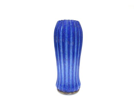A Carlo Mollino Murano glass lamp base, vertical ribbed body in blue glass with gold foil inclusions. 40cm high
