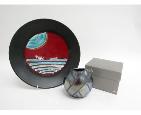 Poole Pottery, "Living Glaze" range dish with abstract design 26.5cm diameter and a similar small black abstract Poole Potter