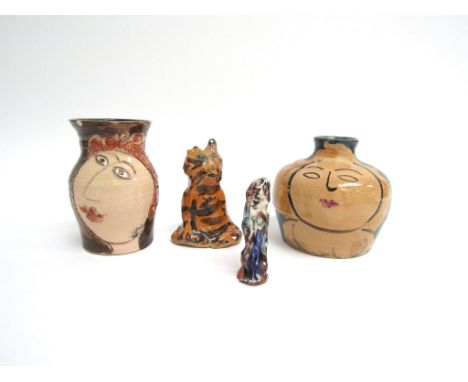 DORA HOLZHANDLER (1928-2015) Four pieces of original hand painted ceramic vases and figures, impressed marks to base, some a/