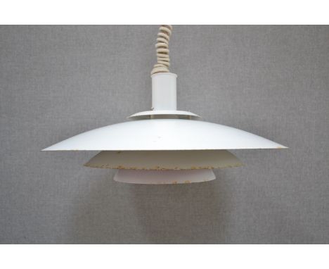 A Danish "Form light" four tiered ceiling light in white and purple. Rise and fall fitting 
