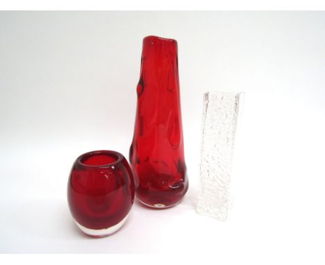 Three Whitefriars vases including flint nailhead, 18cm high, ruby knobbly 25cm high and one other vase.