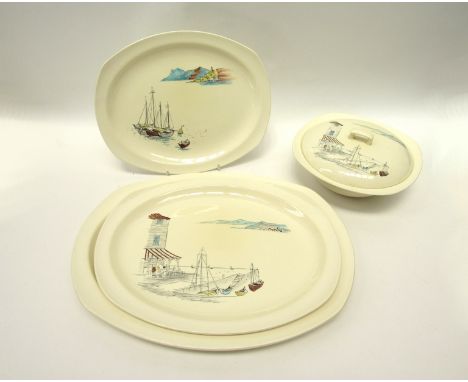 A Midwinter 'Riviera' pattern set of three graduated meat plates and a lidded tureen designed by Hugh Casson.