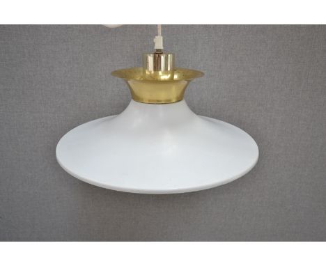 A Danish ceiling light with two tiered pendant shade in white and brass 