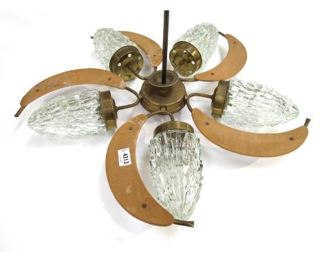 A 1960's five branch ceiling light with moulded glass shades, brass and wood.