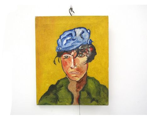 A mid 20th Century oil on canvas portrait of a woman in blue hat, unsigned work. 56cm x 45cm 