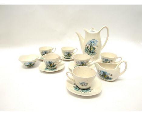 A Midwinter coffee service in the Fishing Boat pattern designed by Charles Cobelle. (Hairline to one cup)
