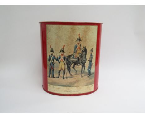 Vintage 1950s enamel waste paper bin featuring image of Napoleons "Garde Imperiale 1806" to front, 30cm x 27.5cm x 21cm 