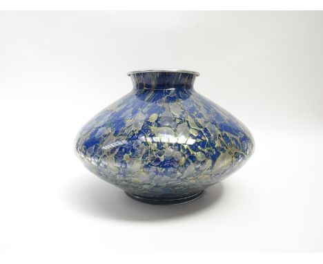 A WMF glass lamp base in blue with gold bubble inclusions, chromed collar top. The base later etched with 'Daum, Nancy, 198'.