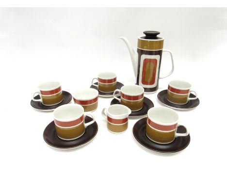 A 1970's J&amp;G Meakin coffee service, geometric pattern in tan, ochre and brown.