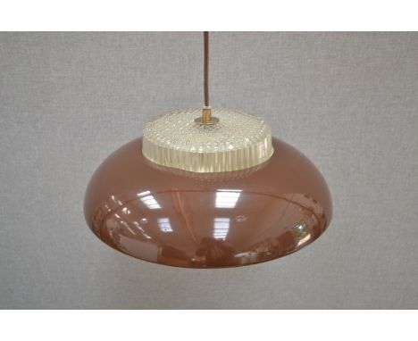 A Danish ceiling pendant light, brown metal with moulded glass and a plastic banded diffuser