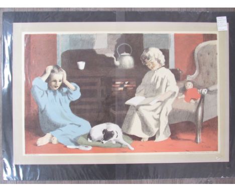An unframed Schools Print first series lithograph by Thomas Carr, 'Fireside', 1937 No.8.. Overall size 49.5cm x 76cm