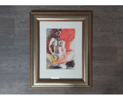 KEN SYMONDS (1927-2010) A framed and glazed coloured pen and ink abstract portrait of a woman. Unsigned or labelled. 28.5cm x