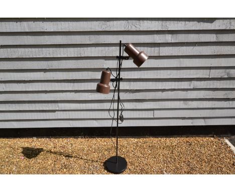 A standard lamp with twin adjustable brown and black spots