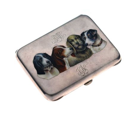 Early 20th century German white metal and enamel cigarette case, of rounded rectangular form, the hinged cover enamelled with