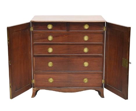 George III inlaid mahogany side cabinet or enclosed chest of drawers, of small proportions, the rectangulaer top (a/f) above 