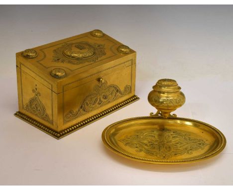 Early Victorian engraved gilt brass desk stand and stationery box, Leauchars, 38 Piccadilly, the desk stand of 'chamberstick'