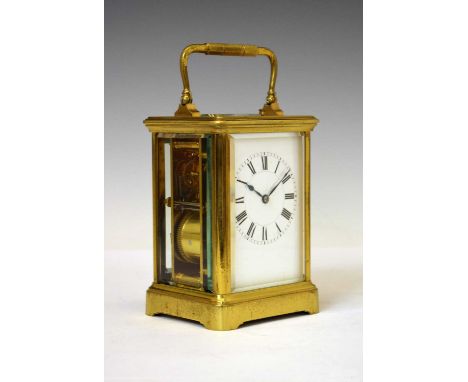 French brass cased repeater carriage clock, Jacot, Paris, No. 17195, circa 1900, with white Roman dial, the two-train movemen