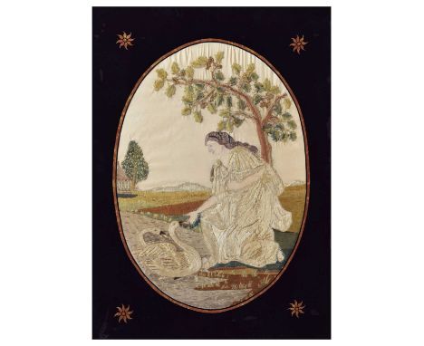 Regency oval silkwork picture depicting a young lady feeding two swans at the water's edge, 37cm x 27.5cm, within verre églom