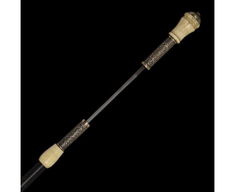 Sword stick with bone and silver metal fittings, possibly Turkish or Middle Eastern, 44.5cm square section pointed blade, pol
