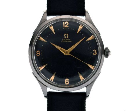 Omega - Gentleman's stainless steel cased wristwatch, ref. 2637-3 SC, circa 1950, the black dial with gilt arrow-head and Ara
