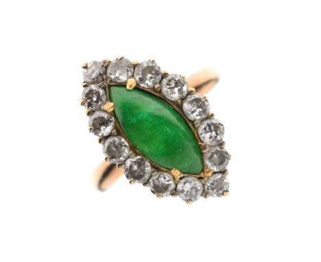 Chinese jade and diamond marquise rose gold cluster ring, the marquise cabochon cut green jade measuring approx 12.30mm x 5.3