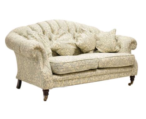 Reproduction three-seater sofa, upholstered in William Morris Acorn pattern fabric, deep-buttoned back over scroll arms and t