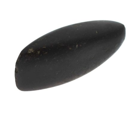 Neolithic polished stone hand axe with broad rounded cutting edge, very hard heavy stone, possibly jadeite, 13cm long x 5cm a